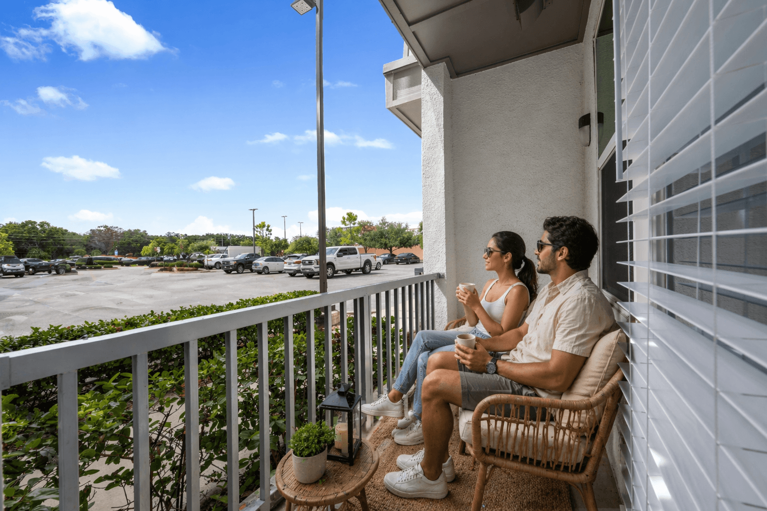 A man and woman are sitting on a balcony with a view of a parking lot.